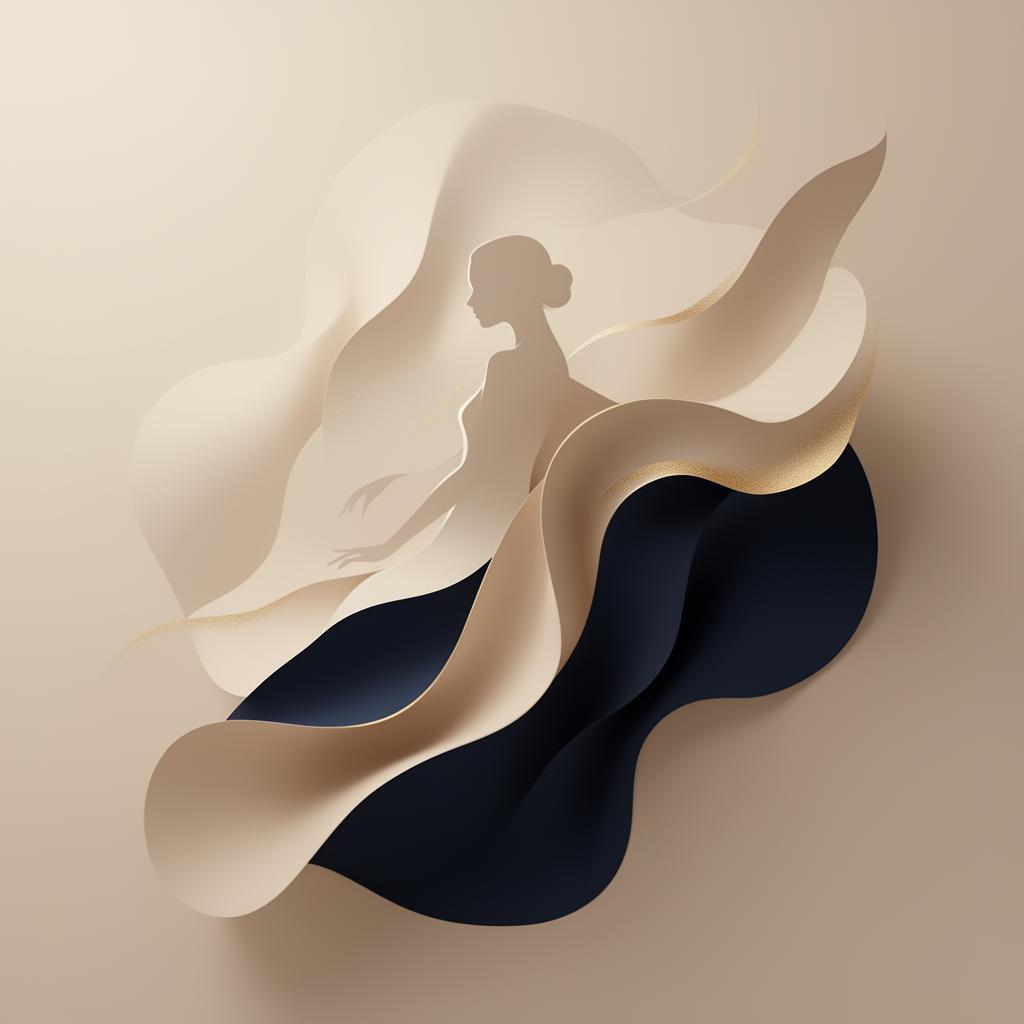 Ilustração editorial de silhueta feminina com formas orgânicas em tons creme e dourado